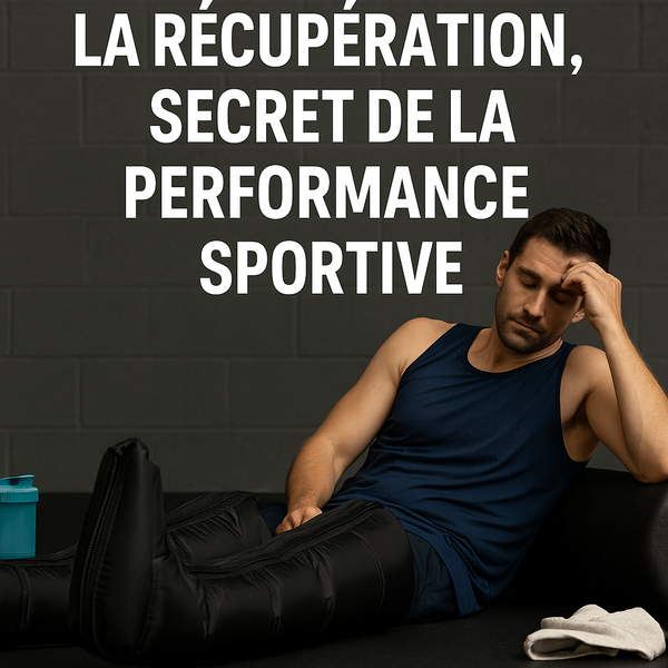 Athlète en récupération après l’effort, allongé sur un tapis avec des bottes de pressothérapie RevitaBoost, symbolisant la récupération musculaire et la performance sportive – Sportivea