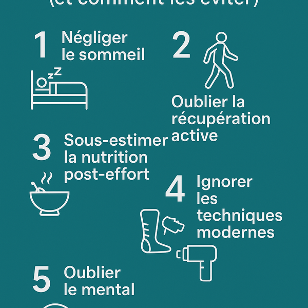 Infographie listant les 5 erreurs de récupération sportive à éviter : manque de sommeil, absence de récupération active, mauvaise nutrition post-effort, ignorance des techniques modernes et oubli du mental – Sportivea