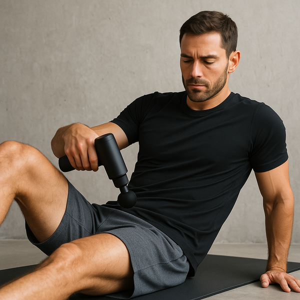 Athlète utilisant un pistolet de massage sur ses quadriceps après l’entraînement, assis sur un tapis de sport, illustrant la récupération musculaire et la performance – Sportivea