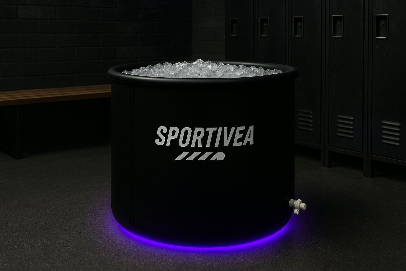 Baignoire de récupération cryothérapie SPORTIVEA remplie de glace, posée dans un vestiairesportif moderne