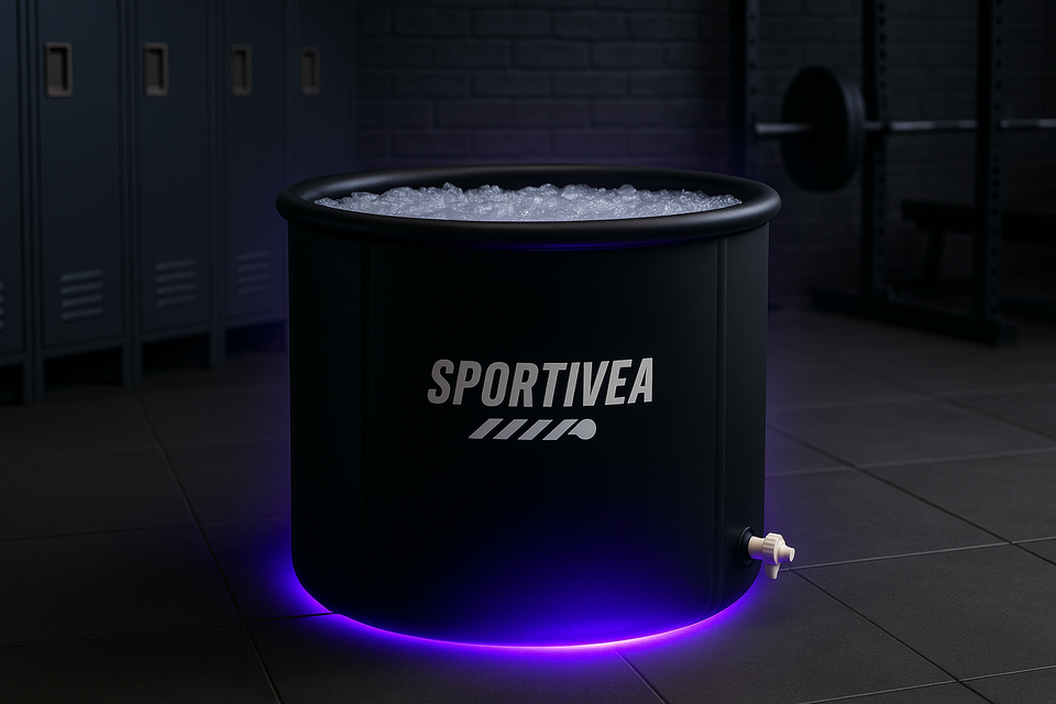 Baignoire de récupération cryothérapie SPORTIVEA remplie de glace' posé dans un vestiaire sportif moderne avec halo violet' prête à l'utilisation